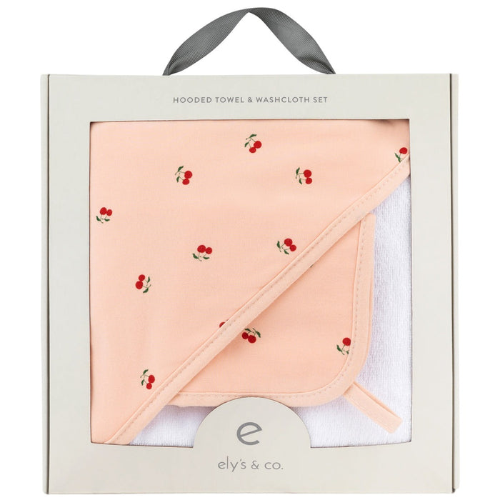 HOODEL TOWEL WITH WASH CLOTH PINK CHERRIES