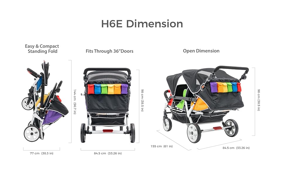 FAMILIDOO H6E 6 SEAT BABY STROLLER- DOUBLE CANOPY - DAYCARE STROLLERS WITH 5 POINT SAFETY HARNESS