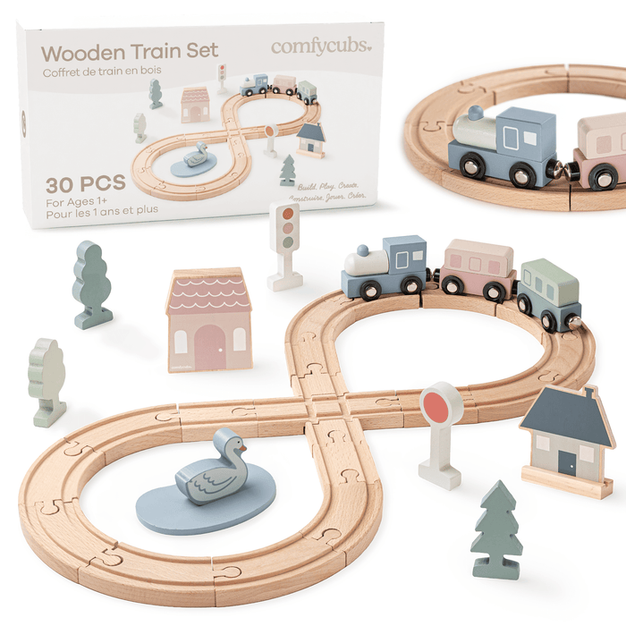 30-Piece Wooden Train Set for Toddlers Ages 1+ Train Set Comfy Cubs