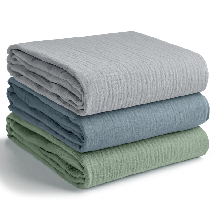 Muslin Swaddle Blankets, 42” x 42” in Heather Blue, Pacific Blue, Fern, Pack of 3 Swaddles Comfy Cubs