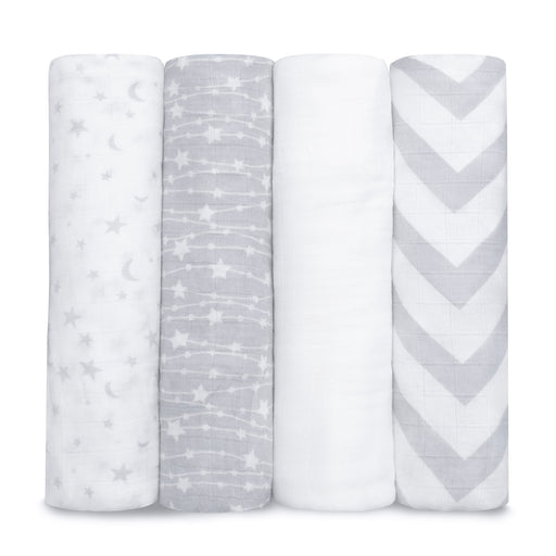 Muslin Swaddle Blankets, 4 Pack by Comfy Cubs - Grey Swaddles Comfy Cubs