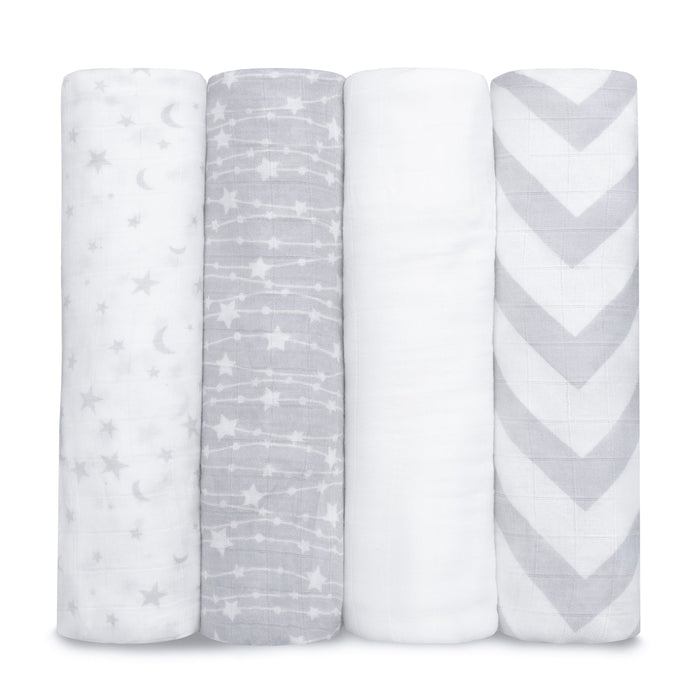 Muslin Swaddle Blankets, 4 Pack by Comfy Cubs - Grey Swaddles Comfy Cubs
