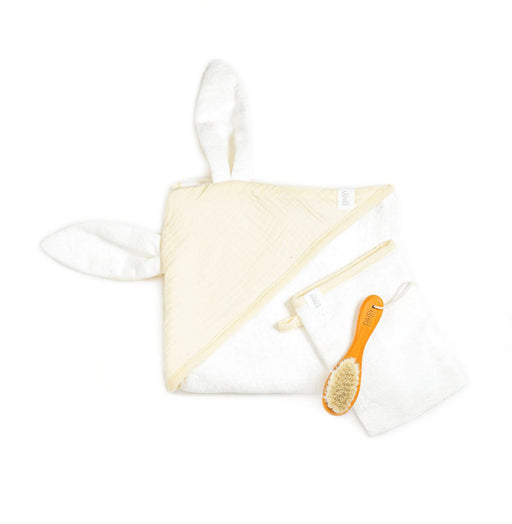 DAISY GIFT FOX BABY`S FIRST SPA SET HOODED TOWEL AND WASH MITTEN . SUNLIT CREAM TOWELS DAISY GIFT BOX