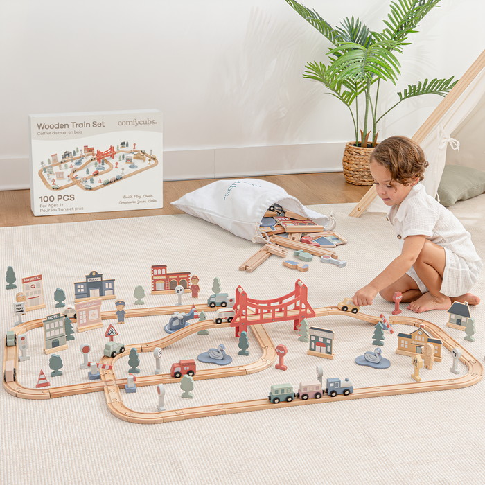 100-Piece Wooden Train Set for Toddlers Ages 1+ Train Set Comfy Cubs
