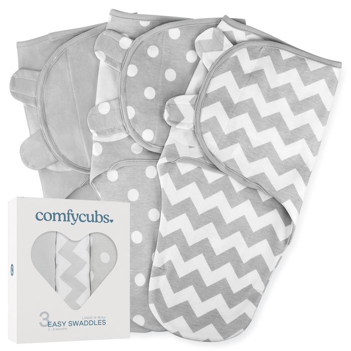 Easy Swaddle Blankets by Comfy Cubs - Grey, Pack of 3 Large (3-6 Months) Swaddles Comfy Cubs