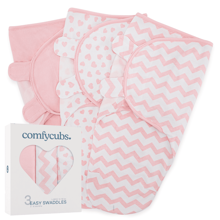Easy Swaddle Blankets by Comfy Cubs - Pink, Pack of 3 Large (3-6 Months) Swaddles Comfy Cubs