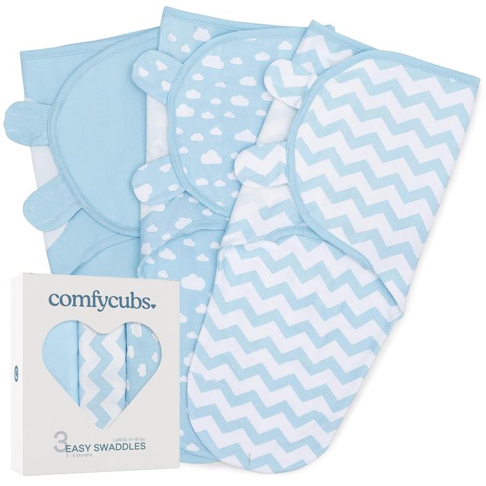 Easy Swaddle Blankets by Comfy Cubs - Blue, Pack of 3 Large (3-6 Months) Swaddles Comfy Cubs