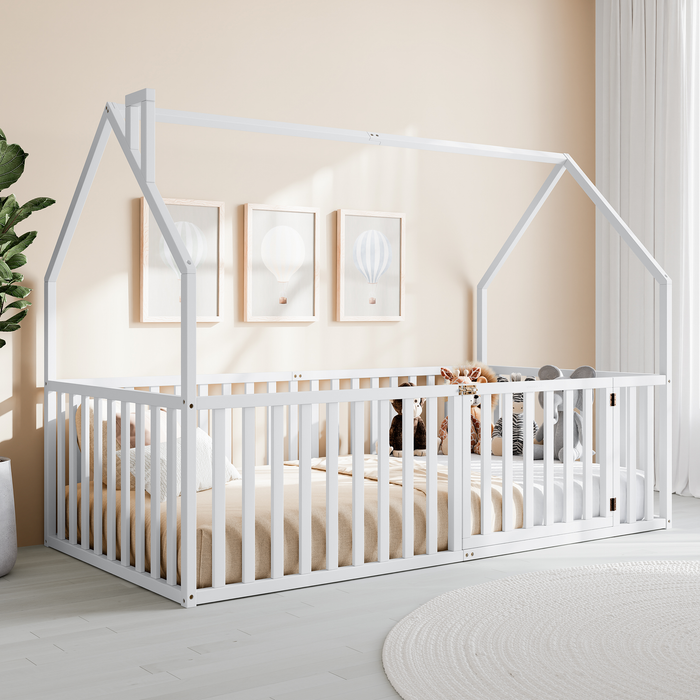 Kids House Gated Floor Bed Twin Size for Children Aged 5+, White Kids Gated Floor Bed Comfy Cubs