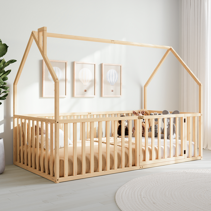 Kids House Gated Floor Bed Twin Size for Children Aged 5+, Natural Wood Kids Gated Floor Bed Comfy Cubs