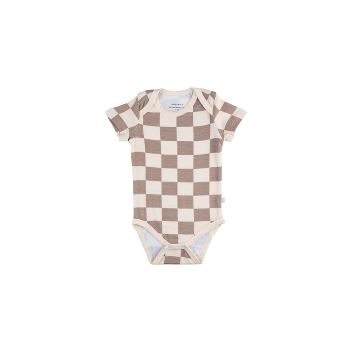 Baby Short-Sleeve Bamboo Bodysuit Oat Latte Checkerboard Pajamas Dreamland Baby