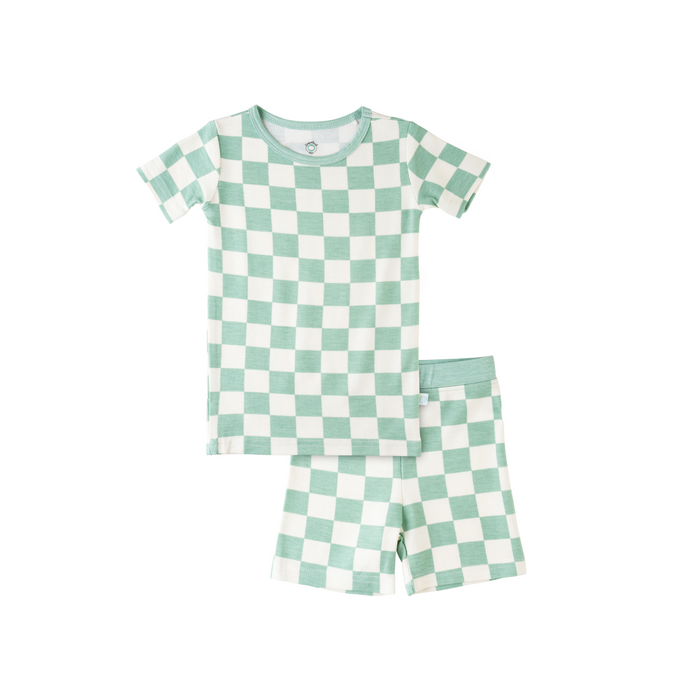 Toddler Short-Sleeve Bamboo Pajamas Mint Checkerboard Pajamas Dreamland Baby