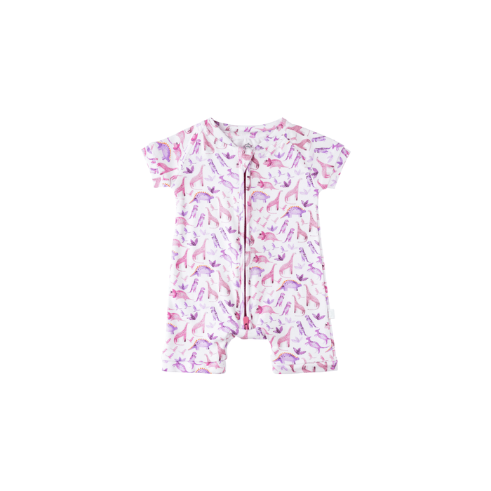 Baby Short-Sleeve Bamboo Romper Dino Pink Pajamas Dreamland Baby