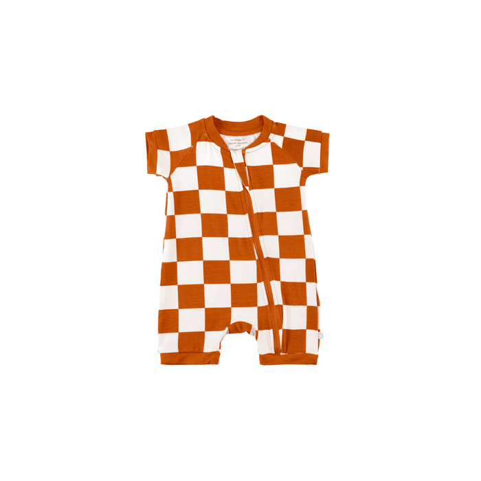 Baby Short-Sleeve Bamboo Romper Rust Checkerboard Pajamas Dreamland Baby