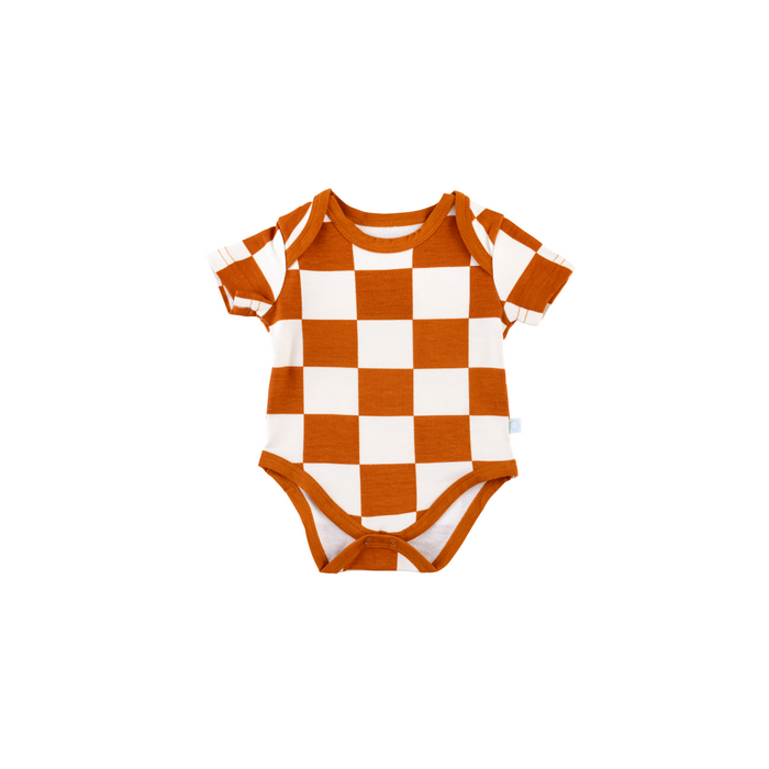 Baby Short-Sleeve Bamboo Bodysuit Rust Checkerboard Pajamas Dreamland Baby
