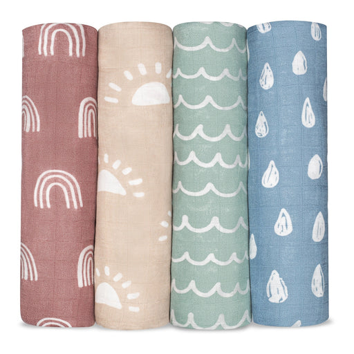 Muslin Swaddle Blankets, 4 Pack by Comfy Cubs - Sun, Rainbow, Rain & Doodle Swaddles Comfy Cubs