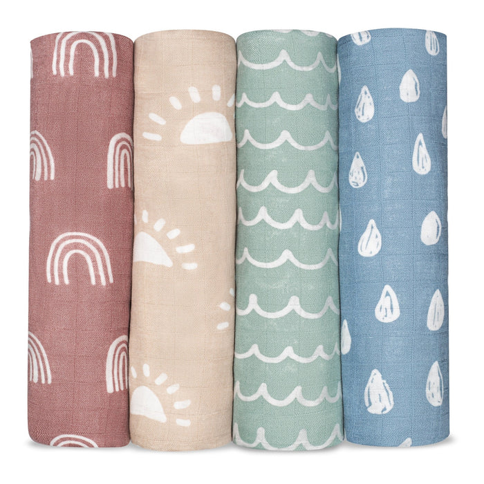 Muslin Swaddle Blankets, 4 Pack by Comfy Cubs - Sun, Rainbow, Rain & Doodle Swaddles Comfy Cubs