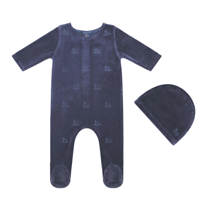 Embroidered Rocking Horse Footie and Hat navy Tricot Bebe