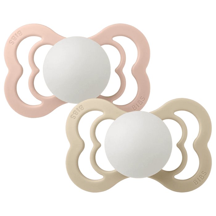 BIBS SUPREME 2 PACK - SYMMETRICAL / SILICONE 0-6 M BLUSH GLOW VANILLA PACIFIER BIBS