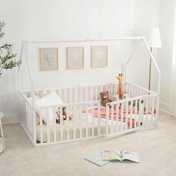 Kids House Gated Floor Bed Twin Size for Children Aged 5+, White Kids Gated Floor Bed Comfy Cubs