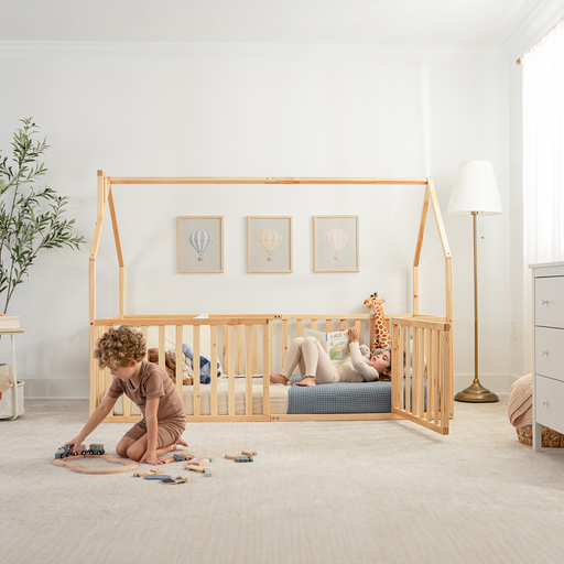 Kids House Gated Floor Bed Twin Size for Children Aged 5+, Natural Wood Kids Gated Floor Bed Comfy Cubs