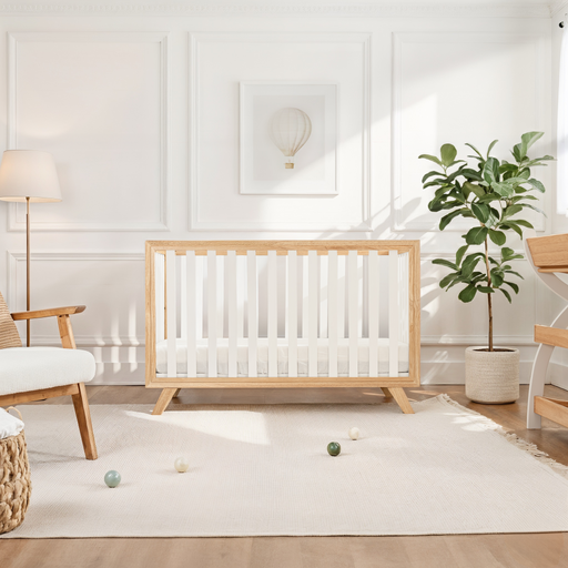 Baby Crib for 0 to 3 Years - White Bars and Natural Wood Frame and Legs Cribs Comfy Cubs