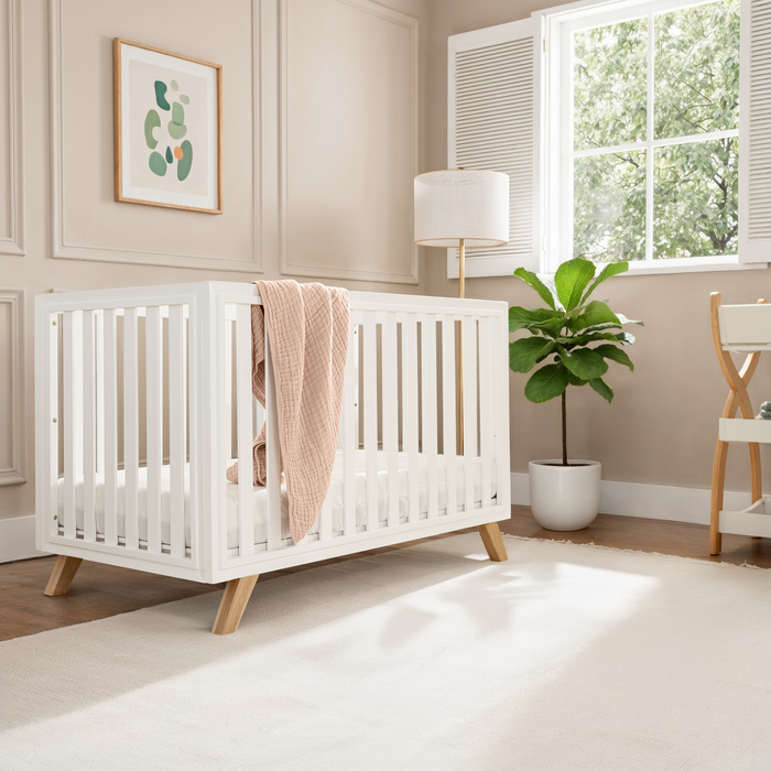 Baby Crib for 0 to 3 Years - White Bars and Frame and Natural Wood Leg Cribs Comfy Cubs