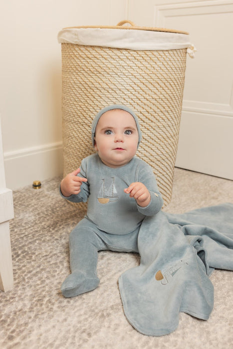 Embroidered Butterfly/ Boat Footie and Hat Dusty Blue Baby & Toddler Tricot Bebe