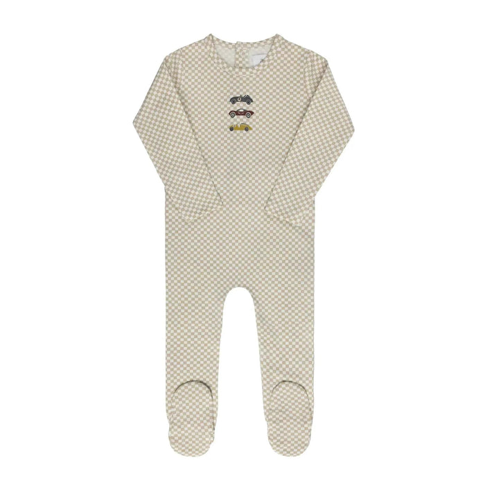 AURORA CLASSICS BABY BOY FOOTIE JERSEY COTTON CHECKED RACE CAR COLLECTION TAN FOOTIE AURORA