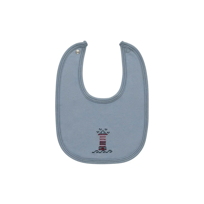 AURORA CLASSICS BABY BOY BIB - COTTON CROSSSTICH LIGHTHOUSE COLLECTION . BLUE BIB AURORA