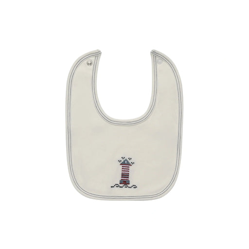 AURORA CLASSICS BABY BOY BIB - COTTON CROSSSTICH LIGHTHOUSE COLLECTION . IVORY BLUE BIB AURORA