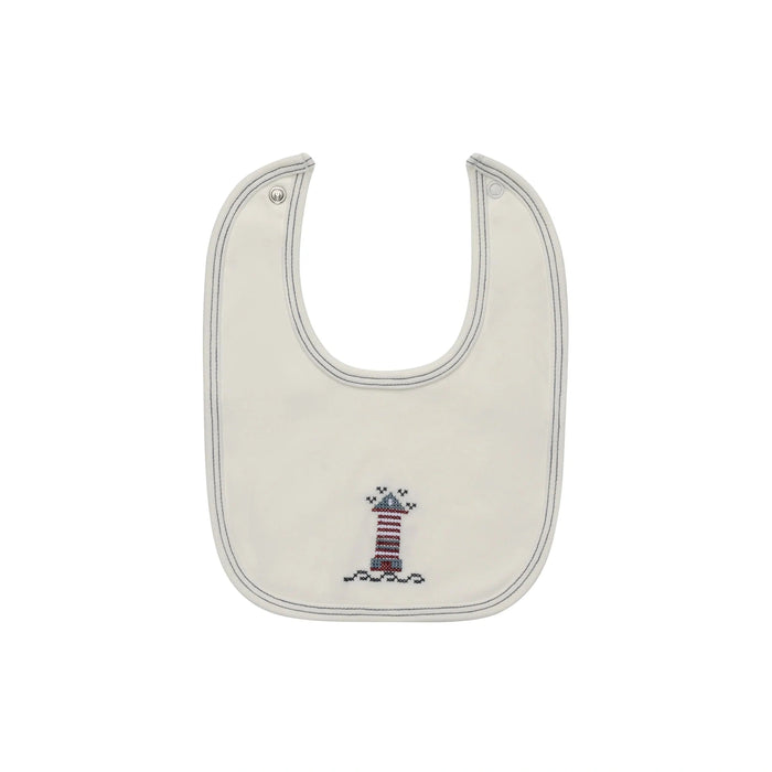 AURORA CLASSICS BABY BOY BIB - COTTON CROSSSTICH LIGHTHOUSE COLLECTION . IVORY BLUE BIB AURORA
