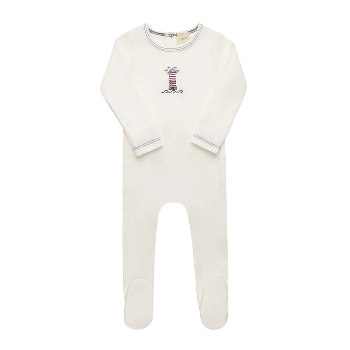 AURORA CLASSICS BABY BOY FOOTIE COTTON CROSSSTICH LIGHTHOUSE COLLECTION IVORY BLUE FOOTIE AURORA