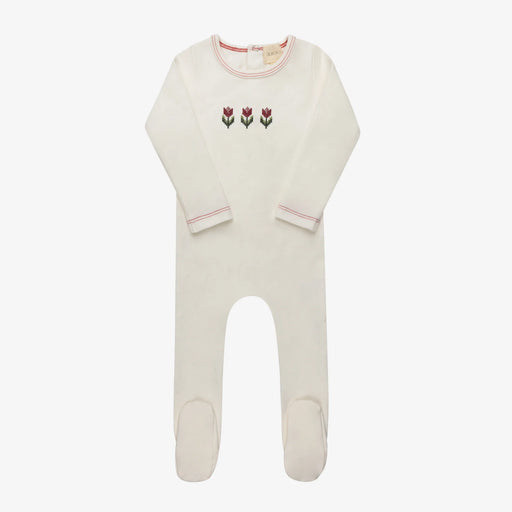 AURORA CLASSICS BABY GIRL FOOTIE COTTON CROSSSTICH TULIP COLLECTION IVORY PINK FOOTIE AURORA