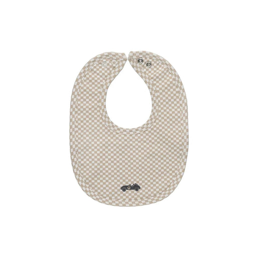 AURORA CLASSICS BABY BOY BIB JERSEY COTTON CHECKED RACE CAR COLLECTION . TAN BIB AURORA