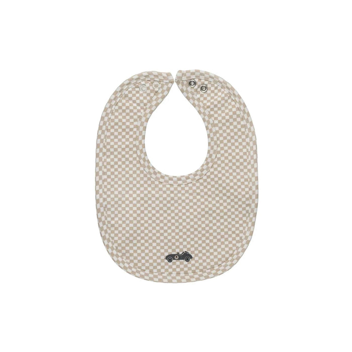 AURORA CLASSICS BABY BOY BIB JERSEY COTTON CHECKED RACE CAR COLLECTION . TAN BIB AURORA