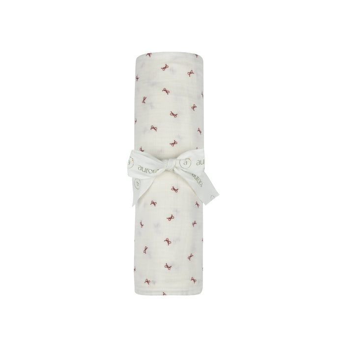 AURORA CLASSICS BABY GIRL MUSLIN SWADDLE BOW PATTERN COLLECTION . IVORY RED MUSLIN SWADDLE AURORA