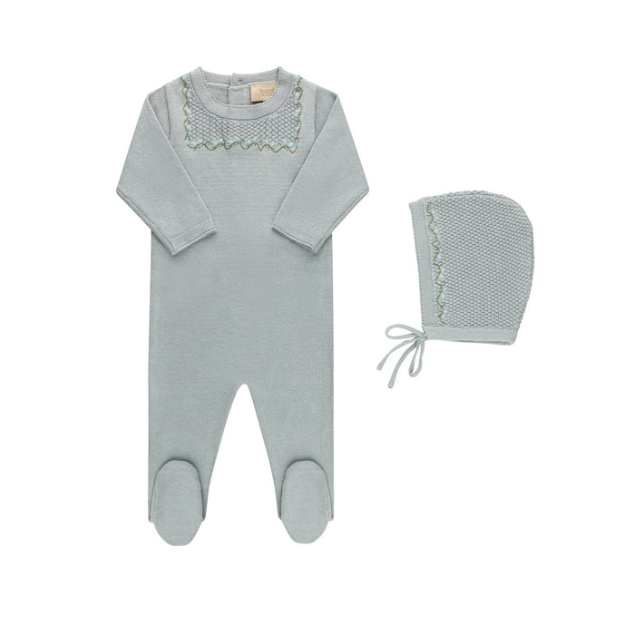Embroidered Knit Footie and Bonnet Sky Blue Tricot Bebe