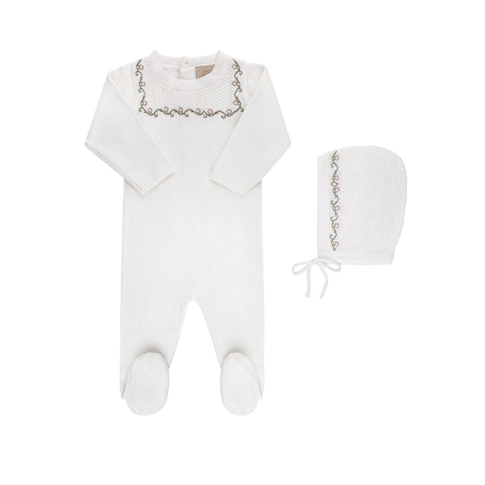 Embroidered Knit Footie and Bonnet Ivory Girls Tricot Bebe