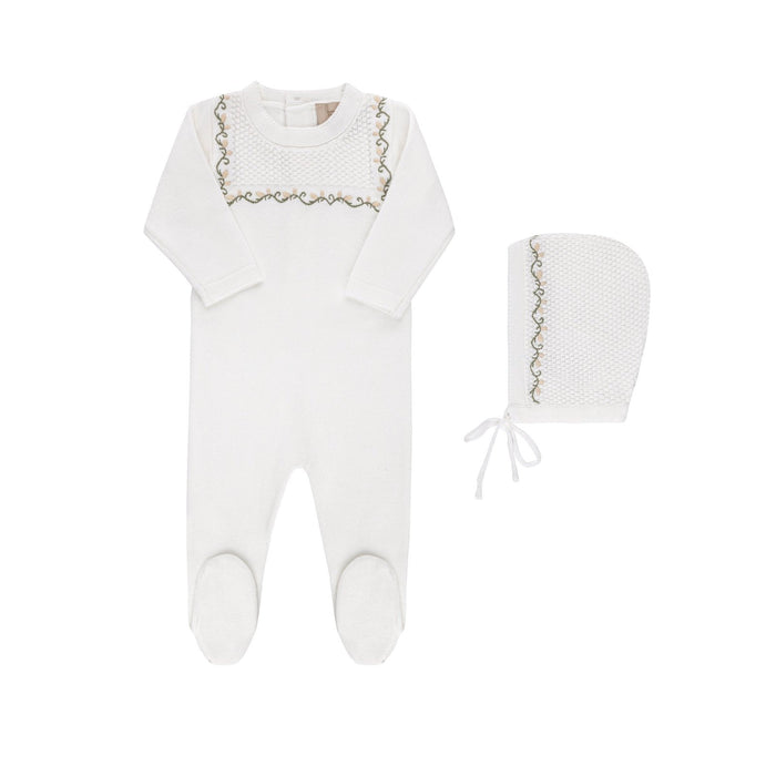 Embroidered Knit Footie and Bonnet Ivory Boys Tricot Bebe