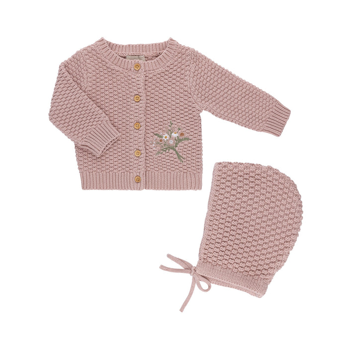 Fur Lined Waffle Knit Cardigan & Bonnet Mauve Tricot Bebe