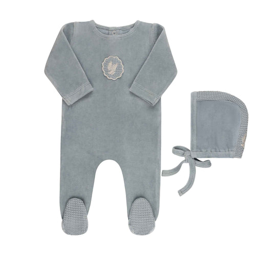 Crochet Applique Footie and Bonnet (Velour Edition) Dusty Blue Tricot Bebe