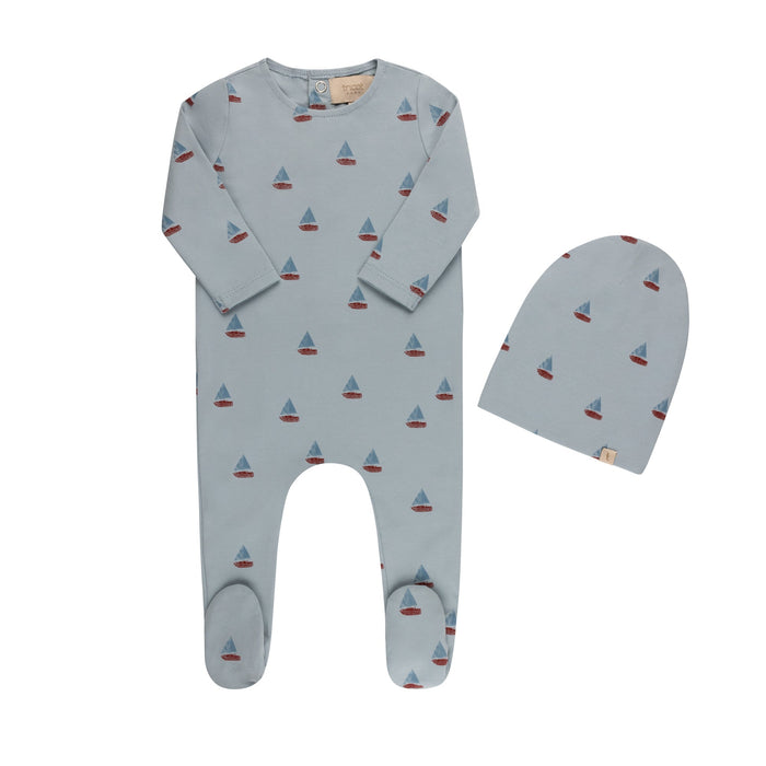 Printed Cherries/ Boat Footie & Hat Blue Tricot Bebe
