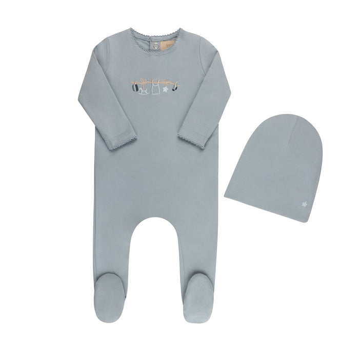 Embroidered Clothesline Layette set dusty blue Blanket Tricot Bebe