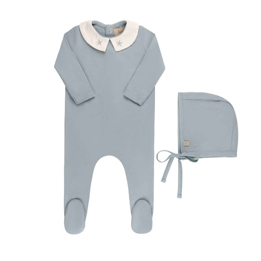 Embroidered Collar Footie & Hat Blue Tricot Bebe
