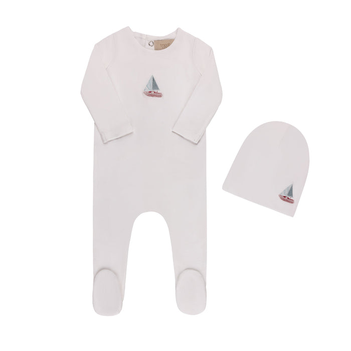 Embroidered Cherries/ Boat Footie & Hat White Boat Tricot Bebe