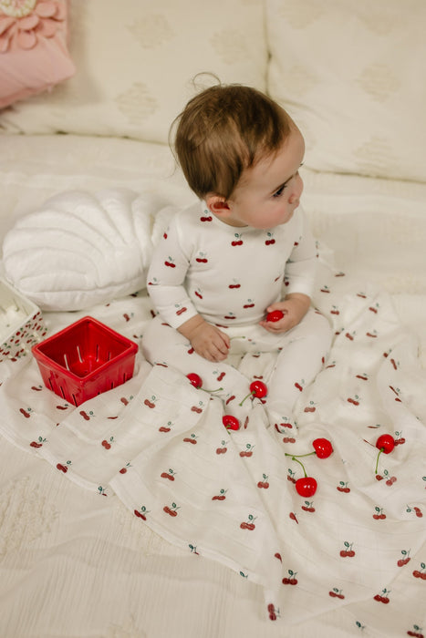 Printed Cherries/ Boat Footie & Hat White Cherry Tricot Bebe