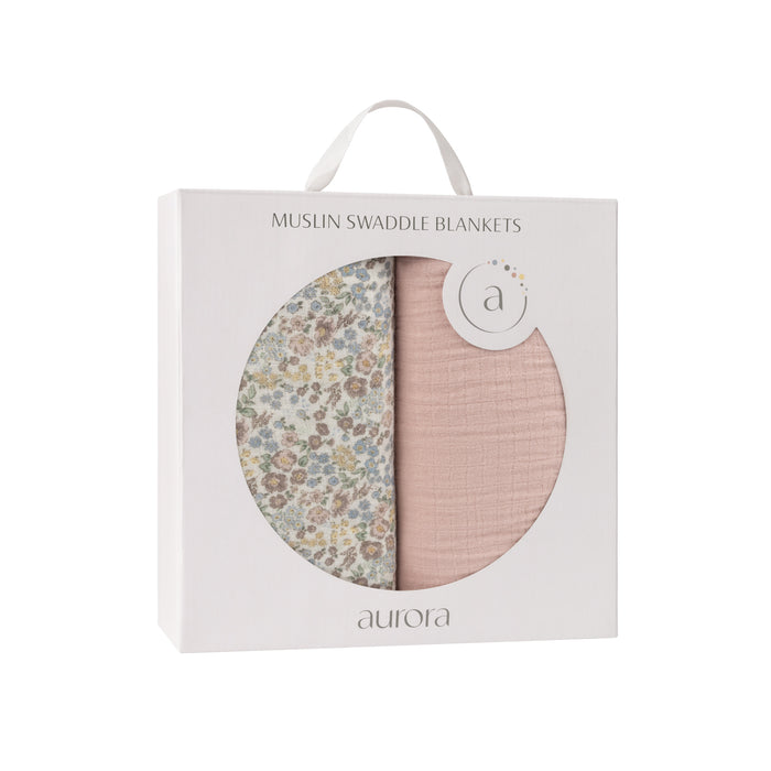 AURORA - COTTON LIBERTY FLORAL AND PLAID - IVORY FLORAL,PINK SOLID - MUSLIN 2 PACK SWADDLE AURORA