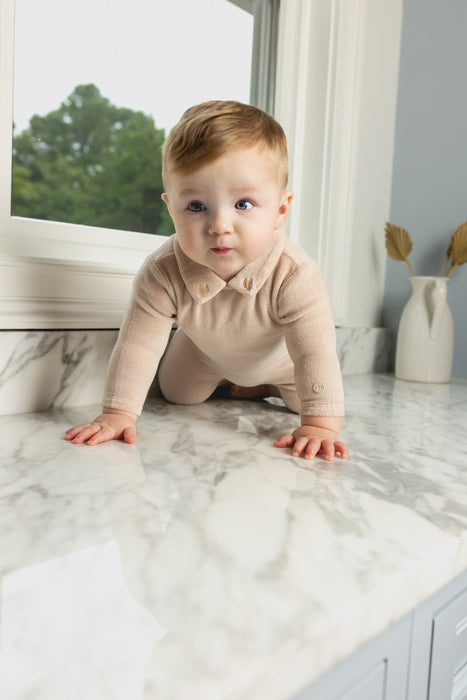 Embroidered Collar Footie and Bonnet Beige Baby & Toddler Tricot Bebe