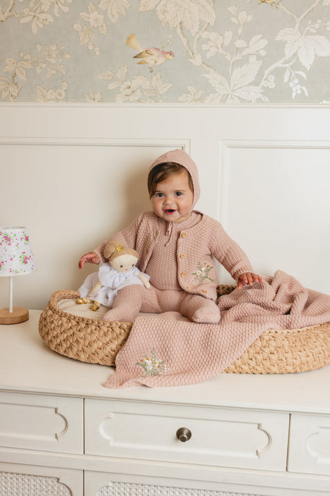 Fur Lined Waffle Knit Cardigan & Bonnet Tricot Bebe
