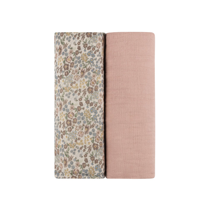 AURORA - COTTON LIBERTY FLORAL AND PLAID - IVORY FLORAL,PINK SOLID - MUSLIN 2 PACK SWADDLE AURORA